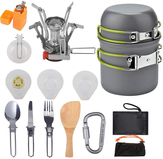 16 Pcs Camping Cookware Stove Carabiner Folding Spork Set Outdoor